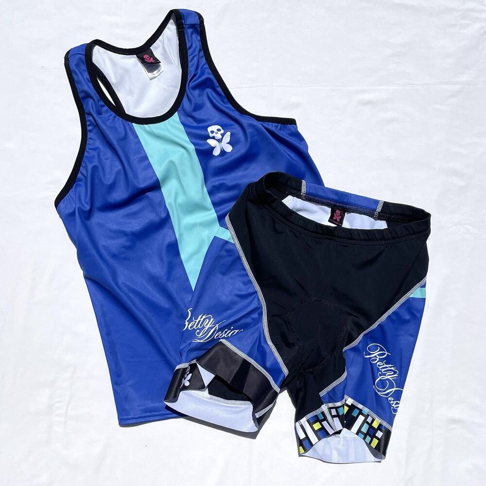 Betty Designs Tri Set Womens Large XL Jersey Tank Shorts Blue Black Triathlon